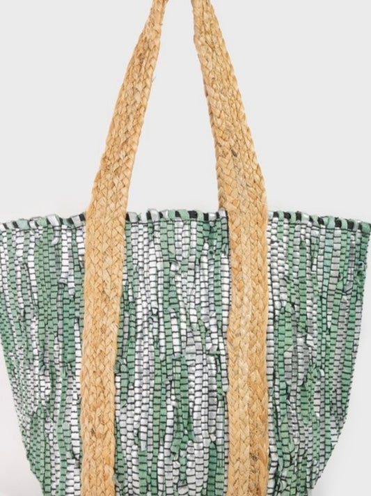 Sage & Ivory Woven Jute Tote Bag | Boho Striped Market Tote