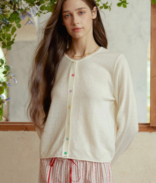 Cream Cardigan with Multicolor Buttons (Size L)