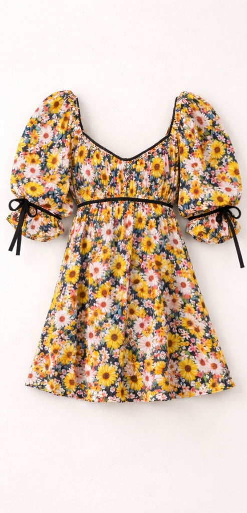 For Love & Lemons Floral Satin Mini Dress with Puff Sleeves (Size S)