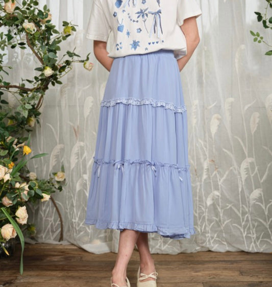 Blue Midi Skirt with Bow Details