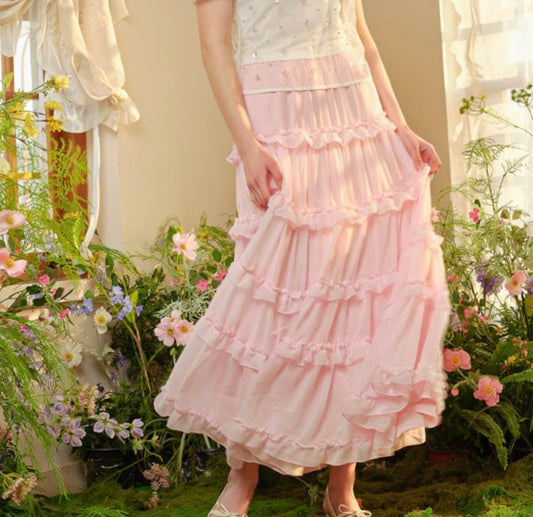 Pink Ruffle Maxi Skirt (Size L)