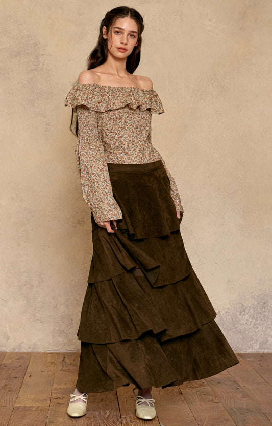 Mocha Suede Tiered Skirt (Size M)