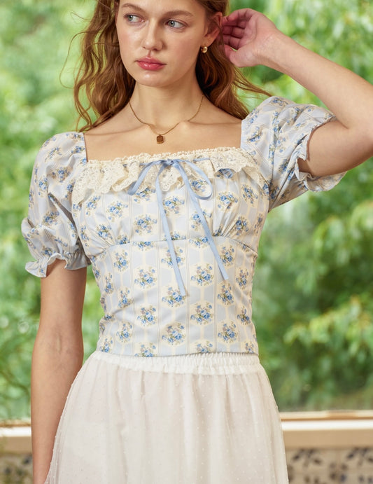 Blue Lace Ruffle Blouse (Size M)