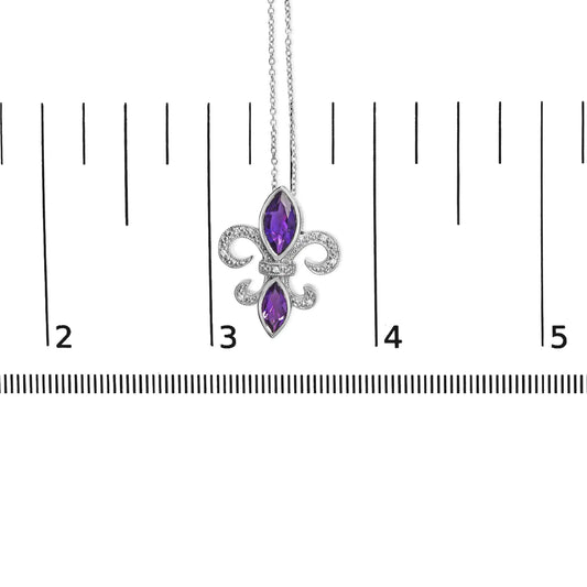 .925 Sterling Silver Purple Amethyst Marquise and Diamond Accent Fleur De Lis Pendant Necklace (H-I Color, SI1-SI2 Clarity) - Size 18"
