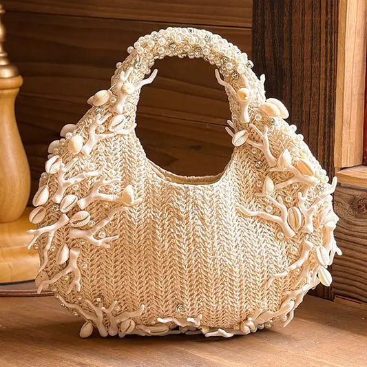 Seaside Pearl Handbag – White Shell Embellished Boho Tote