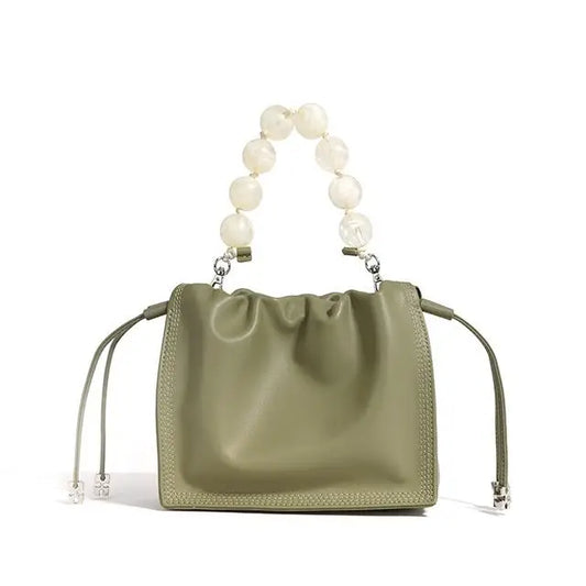 Sage Pearl Handle Leather Bucket Bag | Modern Drawstring Crossbody Purse