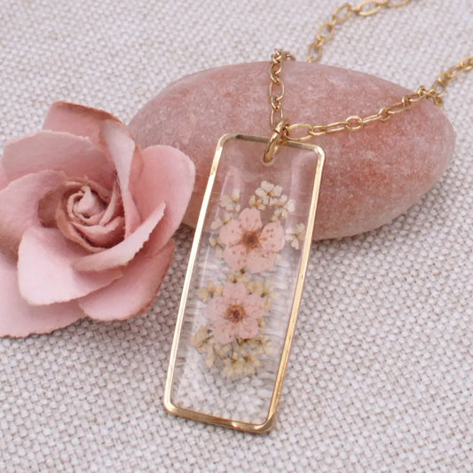 Blush Bloom Pressed Flower Necklace | Gold Botanical Pendant Necklace