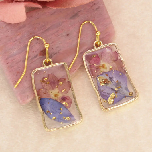 Pressed Flower Rectangle Earrings | Gold Botanical Dangle Earrings with Real Flowers
