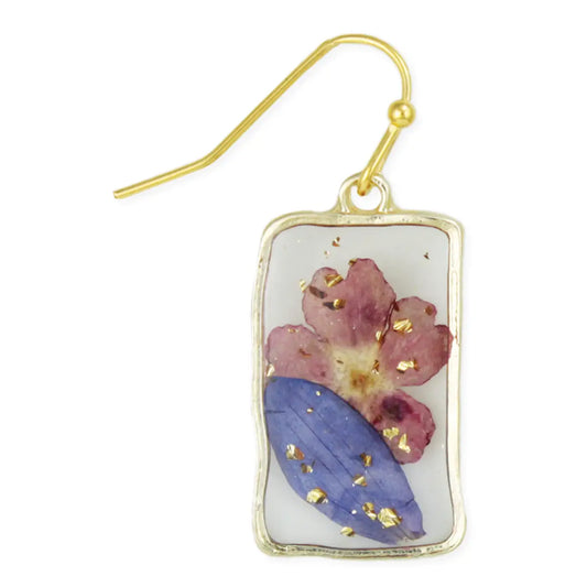 Pressed Flower Rectangle Earrings | Gold Botanical Dangle Earrings with Real Flowers