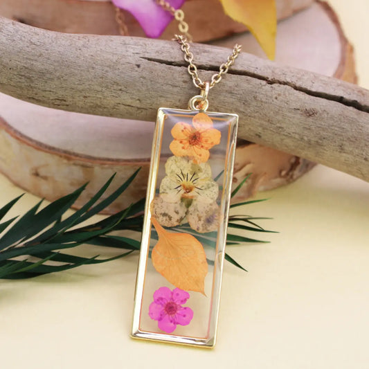 Tropical Bloom Pressed Flower Necklace | Colorful Botanical Gold Pendant Necklace
