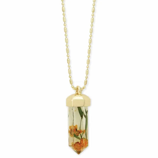 Golden Meadow Pressed Flower Crystal Necklace | Botanical Gold Pendant Necklace