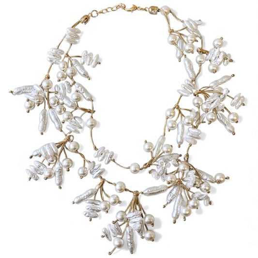 Coastal Pearl Statement Necklace – Hand Knotted Ivory Pearl Cluster Necklace in Vintage Gold