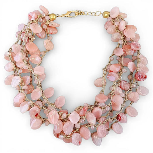 Blush Pink Statement Necklace – Hand Knotted Pink Beaded Collar Necklace in Rose Gold