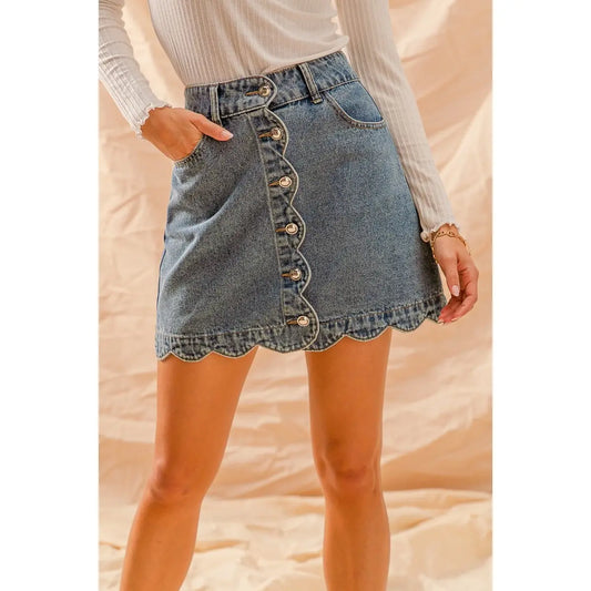 Scalloped Button Front Denim Mini Skirt | Feminine Blue Jean Skirt