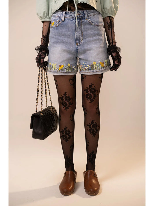 Wildflower Embroidered High-Rise Denim Shorts | Floral Cuffed Jean Shorts