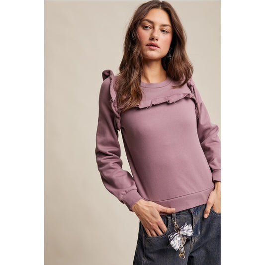 Mauve Ruffle Trim Sweatshirt – Romantic Long Sleeve Boho Top