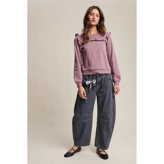 Mauve Ruffle Trim Sweatshirt – Romantic Long Sleeve Boho Top