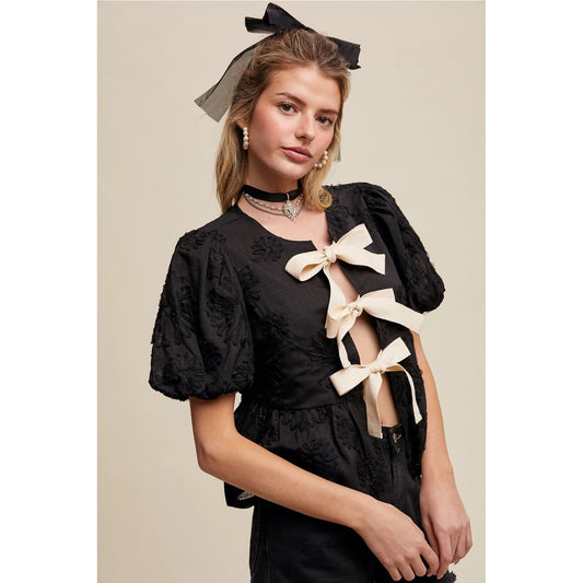 Black Lace Bow Front Peplum Top