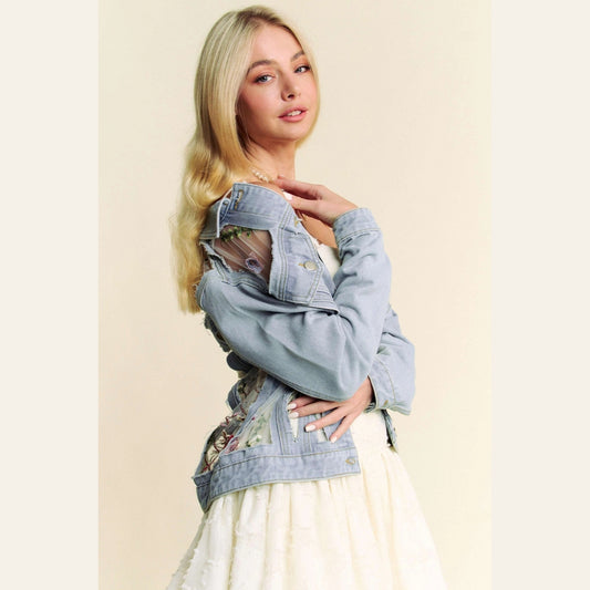 Embroidered Mesh Back Denim Jacket