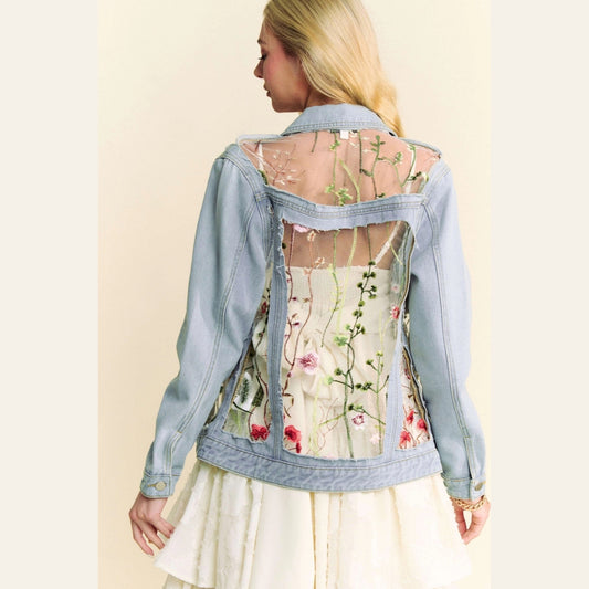 Embroidered Mesh Back Denim Jacket