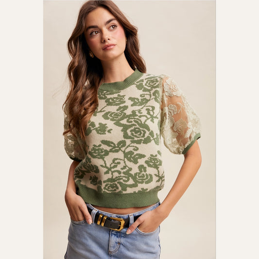 Rose Embroidered Contrast Knit Top