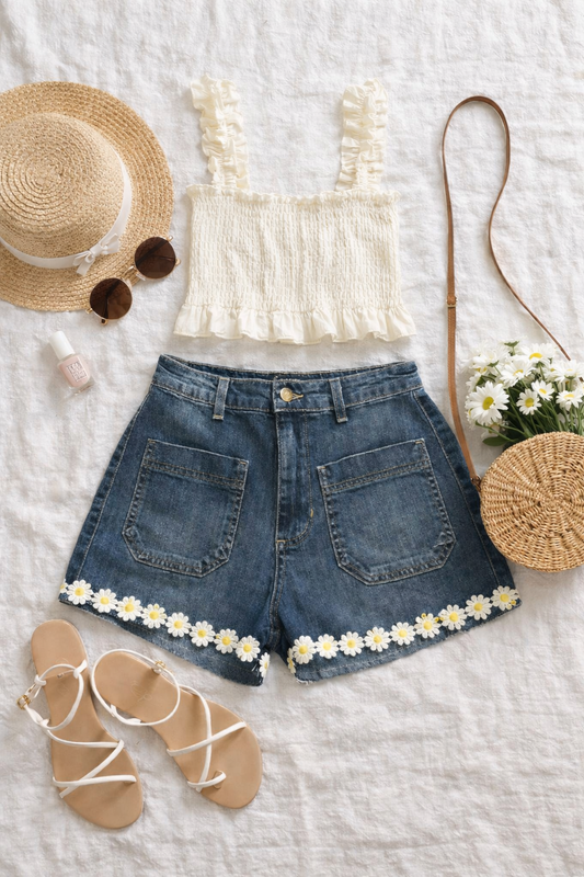 High-Waisted Daisy Trim Denim Shorts | Vintage Boho Summer Jean Shorts