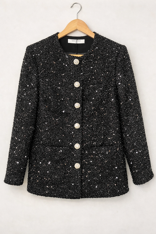 Commense Black Sequin Tweed Button Jacket (Size S)