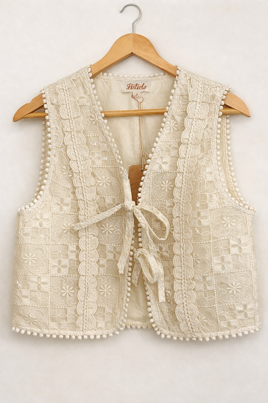 Listicle Lace Tie-Front Vest – Cream Embroidered Overlay (Size S)