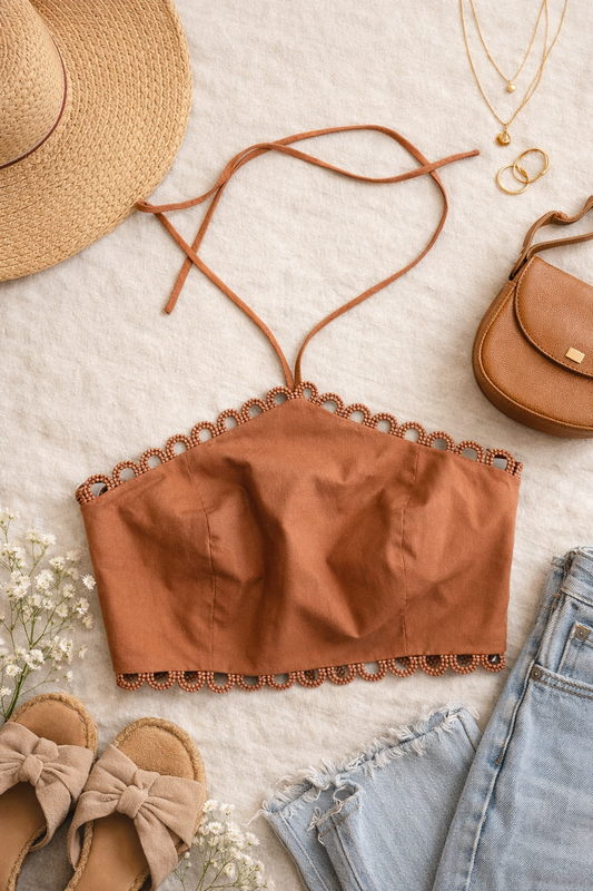 Rust Scalloped Halter Bralette Top