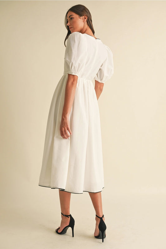 Eloise White Bow-Tie Puff Sleeve Midi Dress