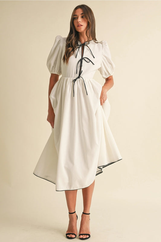 Eloise White Bow-Tie Puff Sleeve Midi Dress