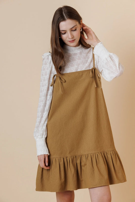 Bow Strap Cotton Twill Mini Dress with Ruffle Hem – Thyme & Caramel