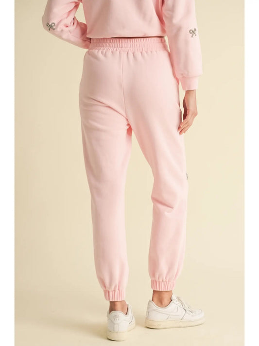 Blush Rhinestone Bow Jogger Pants | Luxe Cotton Lounge Joggers