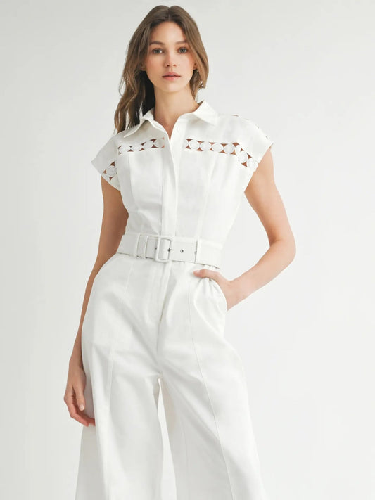 White Aztec Embroidered Belted Wide Leg Jumpsuit | Short Sleeve Statement One Piece (Size S)