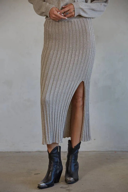 Moonlight Ribbed Metallic Knit Midi Skirt