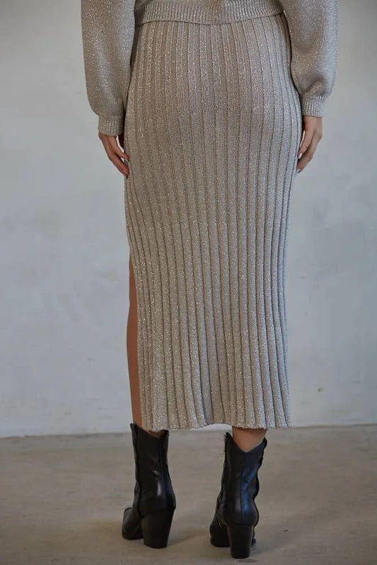Moonlight Ribbed Metallic Knit Midi Skirt