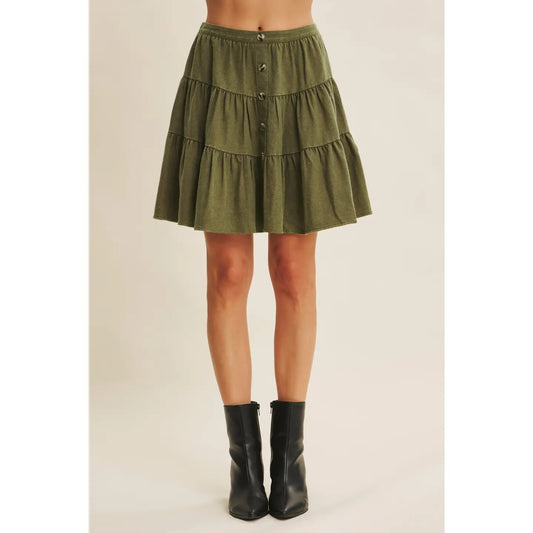 Mineral Washed Olive Tiered Mini Skirt
