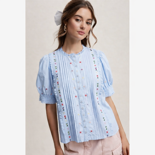 Embroidered Pintuck Puff Sleeve Blouse