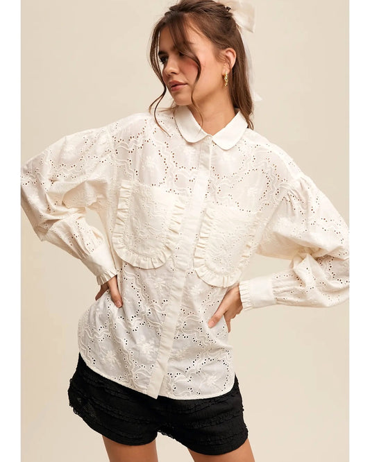 Cream Eyelet Ruffle Pocket Blouse – Romantic Puff Sleeve Button-Up Top