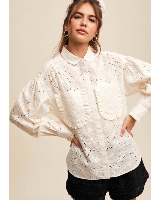 Cream Eyelet Ruffle Pocket Blouse – Romantic Puff Sleeve Button-Up Top
