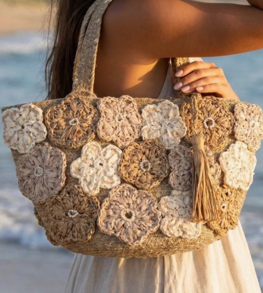 Wildflower Crochet Tote Bag | Floral Jute & Straw Boho Market Tote