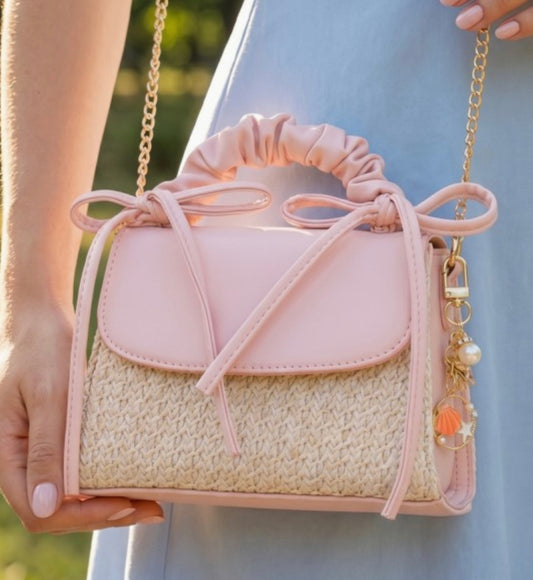 Seaside Bow Straw Mini Bag | Pink Woven Crossbody Purse with Shell Charm