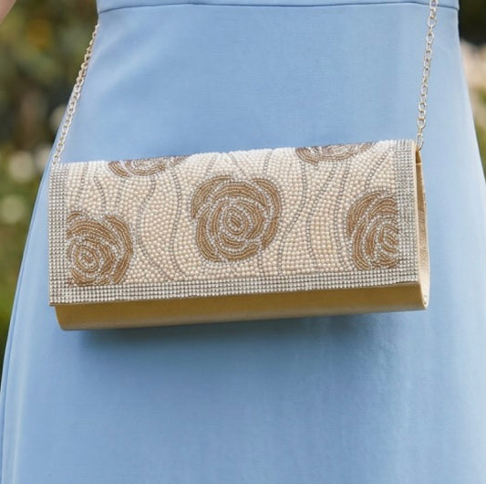 Golden Rose Beaded Evening Clutch | Floral Bridal & Special Occasion Handbag
