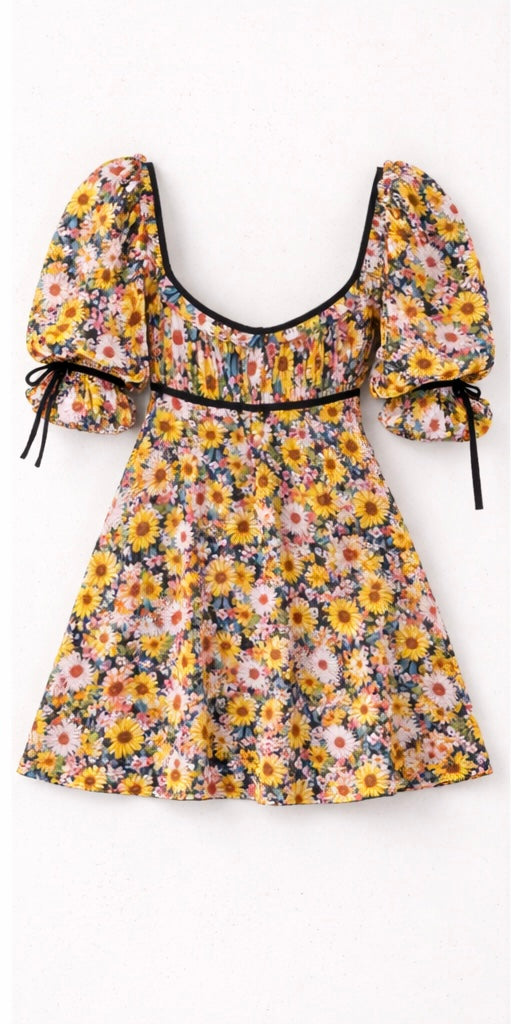 For Love & Lemons Floral Satin Mini Dress with Puff Sleeves (Size S)