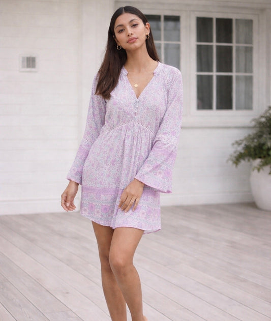 Hand Printed Bell Sleeve Mini Dress