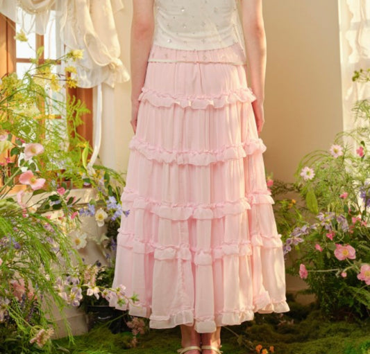 Pink Ruffle Maxi Skirt (Size L)