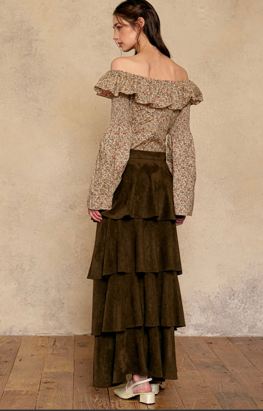 Mocha Suede Tiered Skirt (Size M)