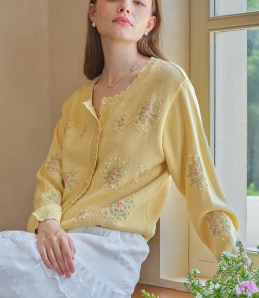 Yellow Embroidered Cardigan (Size S)