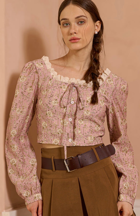 Floral Top with Lace Detail (Size L)