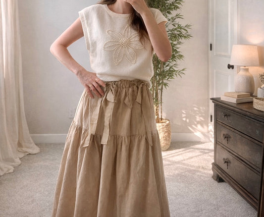 Pearl Bloom Knit Sweater Vest – Cream Boho Floral Top